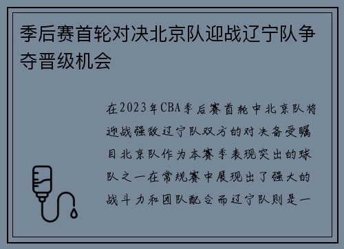季后赛首轮对决北京队迎战辽宁队争夺晋级机会