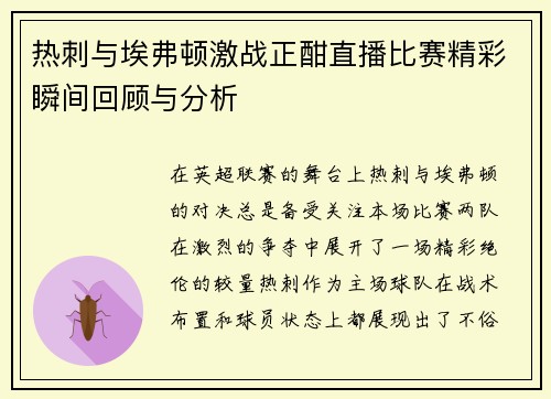 热刺与埃弗顿激战正酣直播比赛精彩瞬间回顾与分析