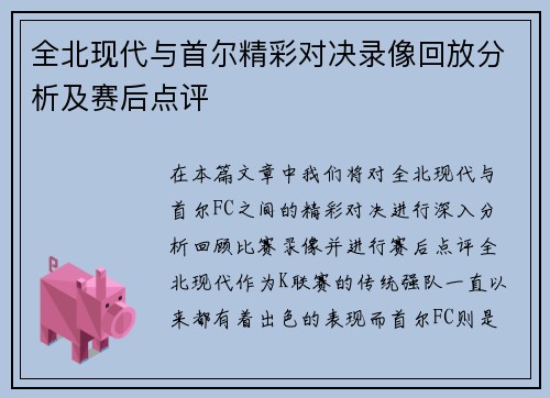 全北现代与首尔精彩对决录像回放分析及赛后点评
