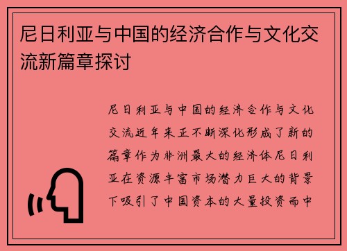 尼日利亚与中国的经济合作与文化交流新篇章探讨