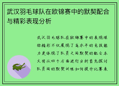 武汉羽毛球队在欧锦赛中的默契配合与精彩表现分析