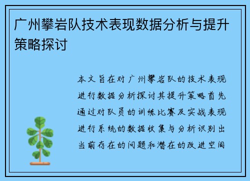 广州攀岩队技术表现数据分析与提升策略探讨