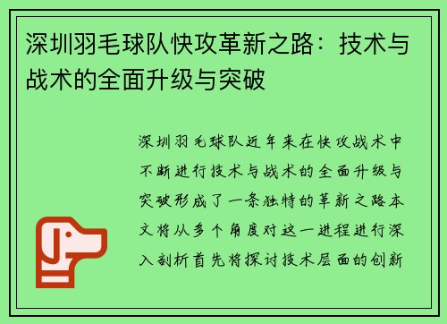 深圳羽毛球队快攻革新之路：技术与战术的全面升级与突破