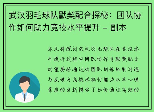 武汉羽毛球队默契配合探秘：团队协作如何助力竞技水平提升 - 副本