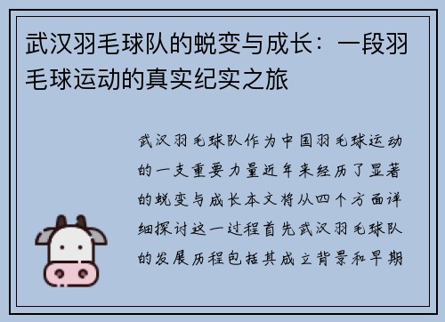 武汉羽毛球队的蜕变与成长：一段羽毛球运动的真实纪实之旅